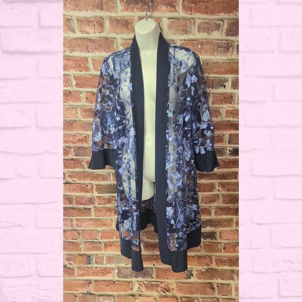 Women's R&M RICHARDS Mesh Lace Embroidery Open Front Cardigan Kimono Size 16